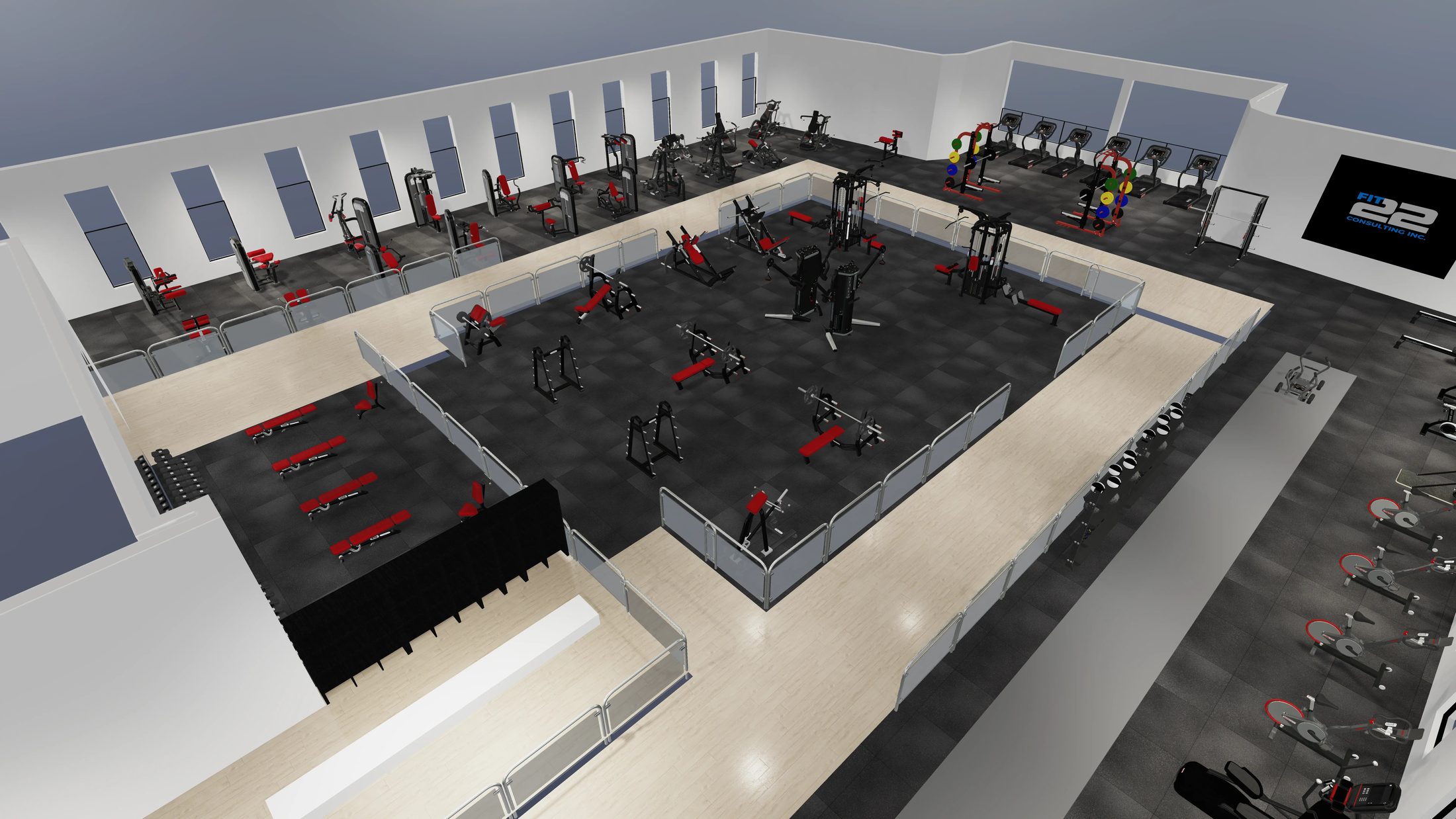 Top down design render of the SAGA X fitness facility